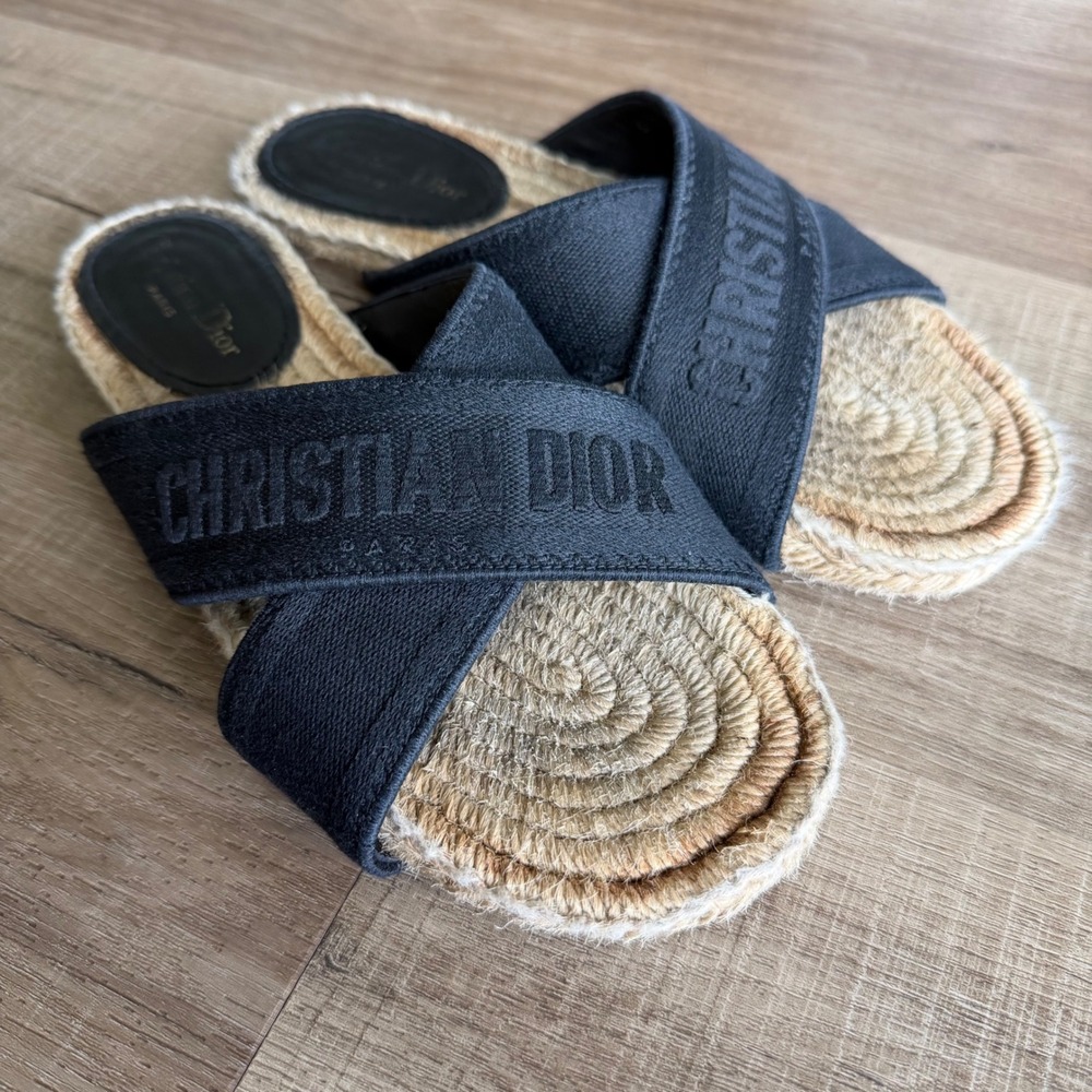 Christian Dior D-Way Espadrille Slides Black Canvas Cross Strap Sandals 37.5